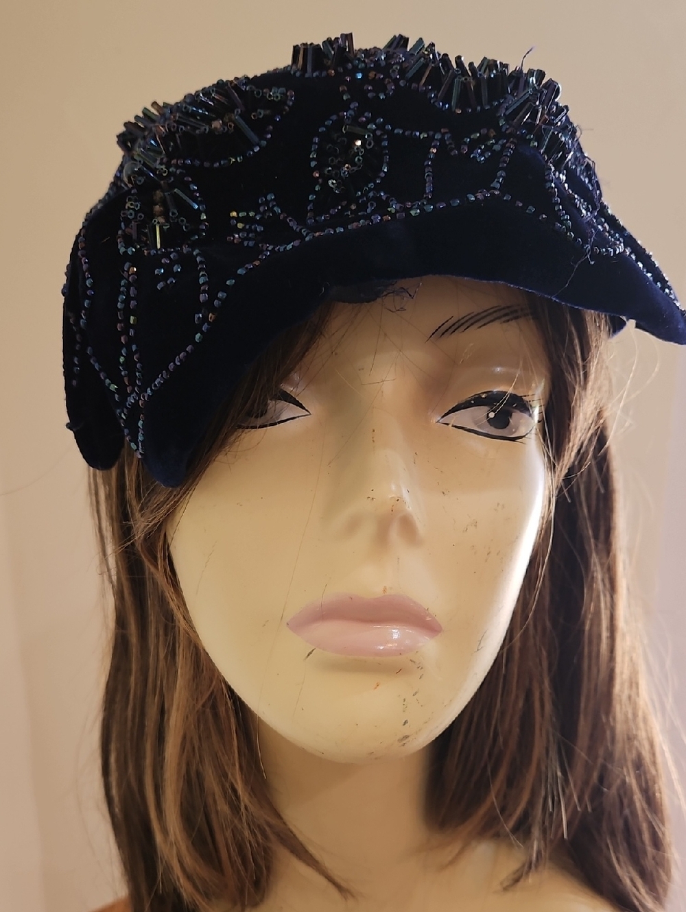 Coralie Embellished Sequins Velvet Newsboy Cap Style Modern Caplet Navy Hat